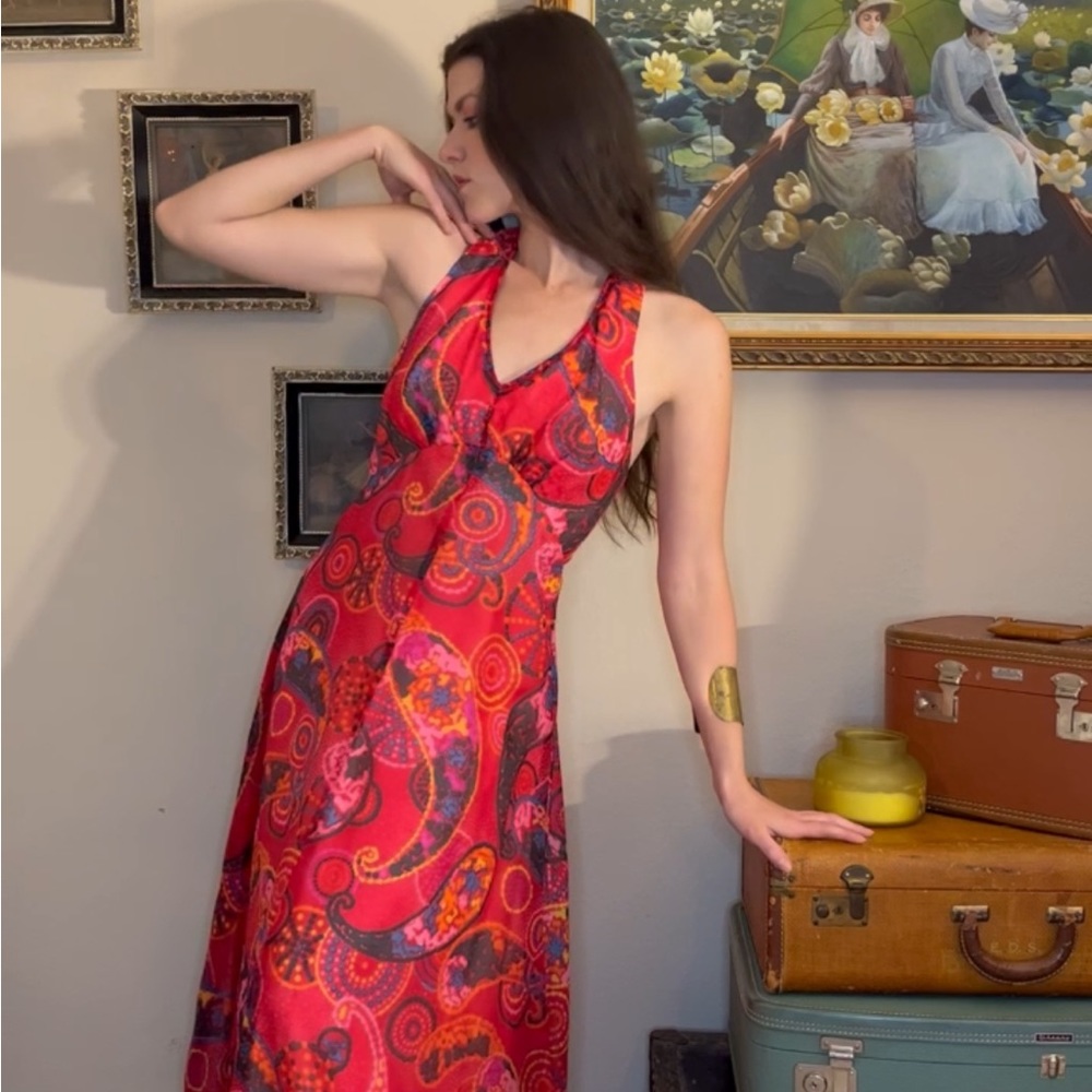 Vintage 1970s 70s psychedelic red and orange chiffon dress/gown